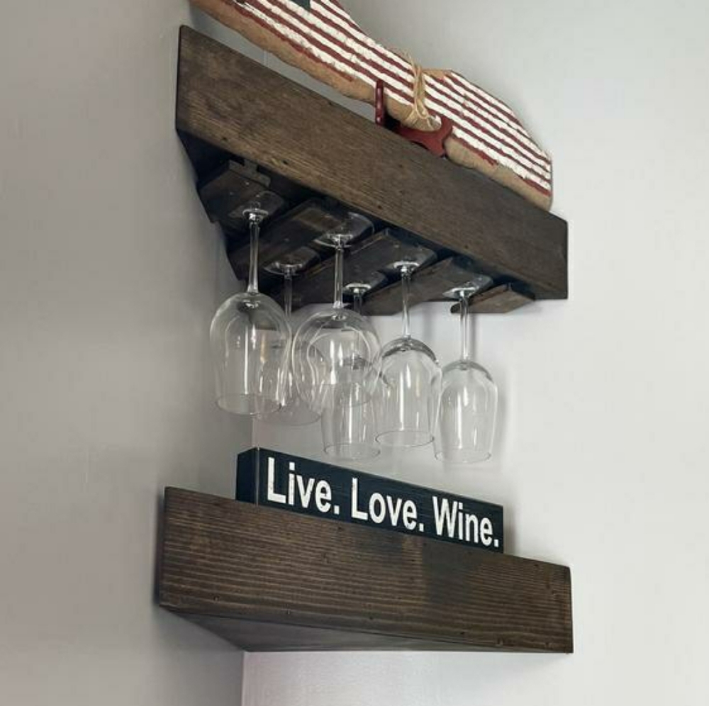 Floating Corner Wooden Wine Rack+Shelf Set